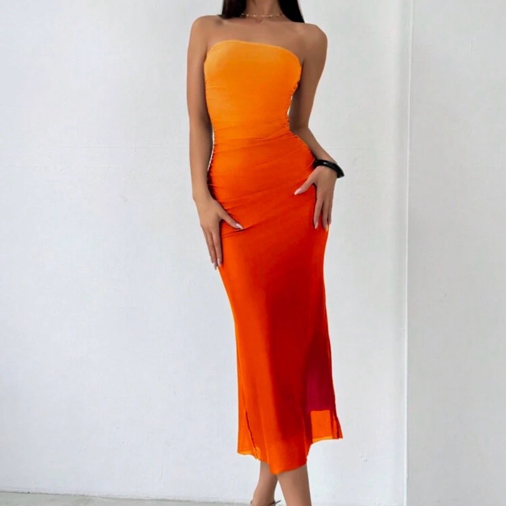 SHEIN Strapless Ombre Orange to Deep Orange Midi Dress